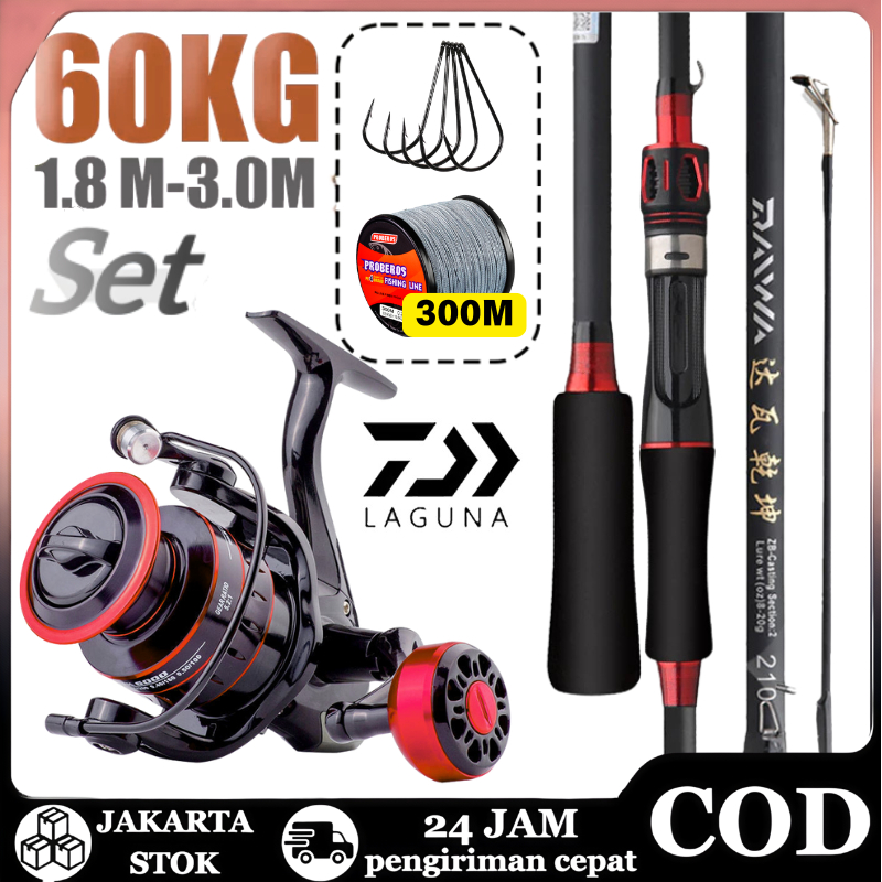 Set Alat Pancing Spot Joran Lure DAIWA Warna Merah Action M + Gulungan Pancing Logam Anti Karat Warn