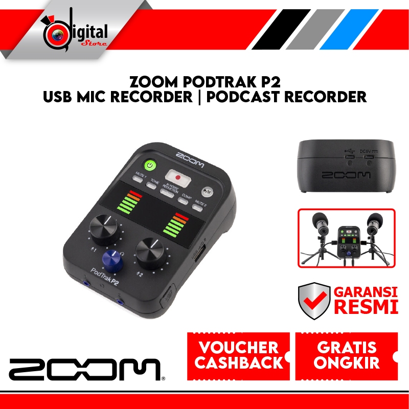 Zoom PodTrak P2 USB Mic Recorder | Podcast Recorder