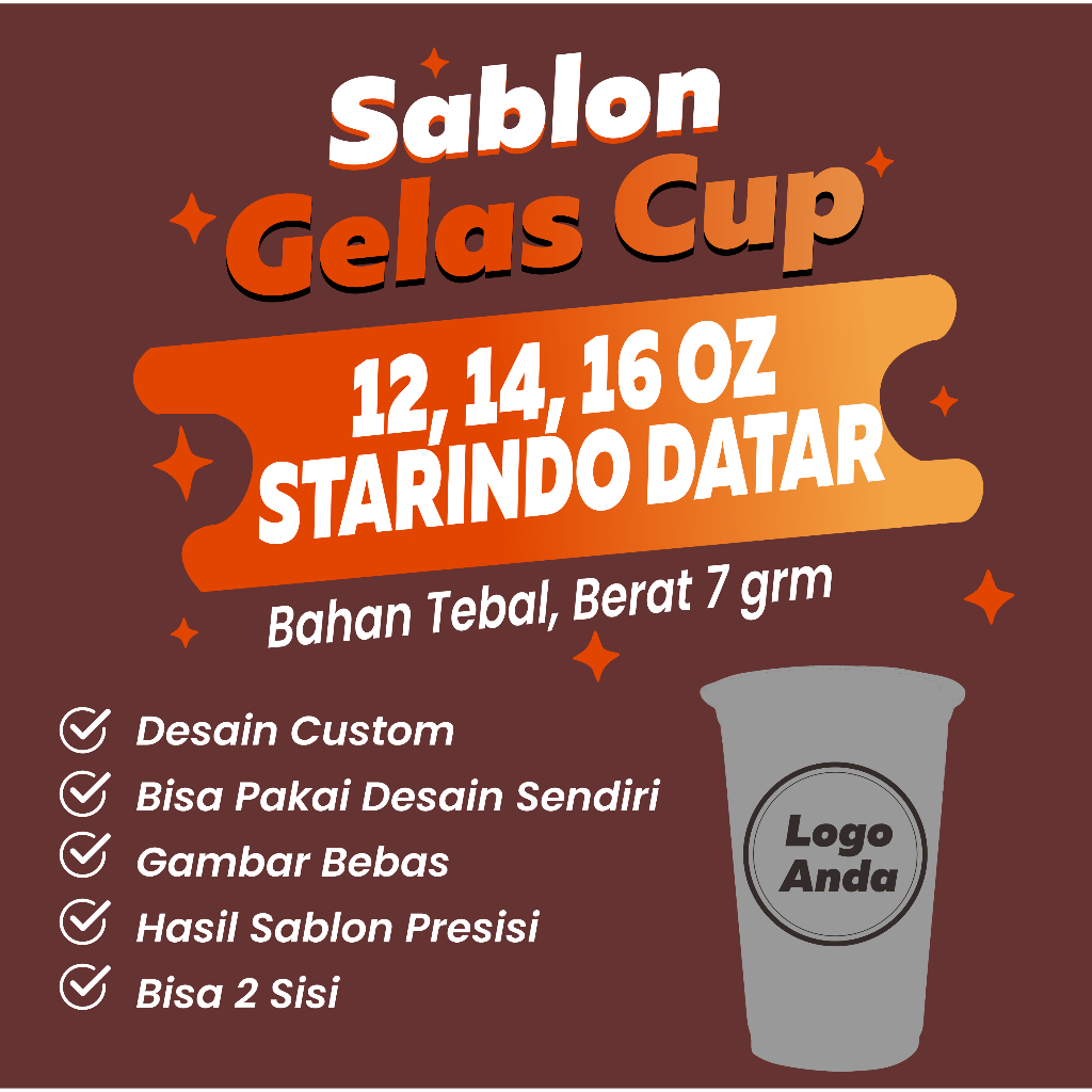 Sablon Cup Starindo 12 OZ, 14 OZ DAN  16 Oz Tebal 7 gram, custom cup starindo datar, cup starindo da