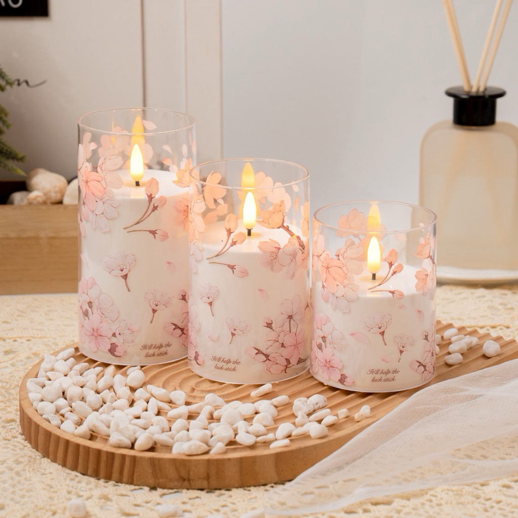Lilin led cas 3 pcs elektrik gelas motif BUNGA artificial flower electric candle DIGITAL LED CANDLE 