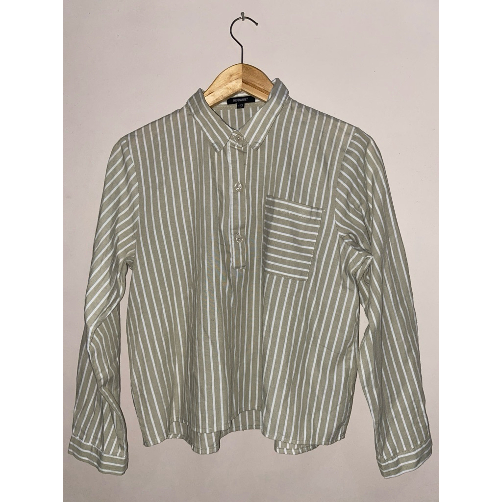 Preloved Hardware Baju Kemeja Striped Crop Top Khaki Sage