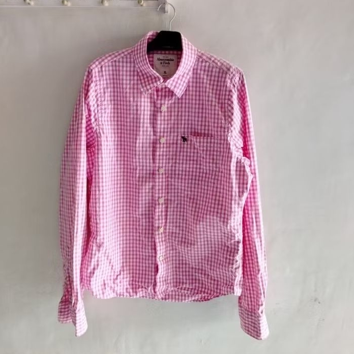 Abercrombie Kemeja Pria Size XL Kotak Motif Pink Putih Gingham Style Casual