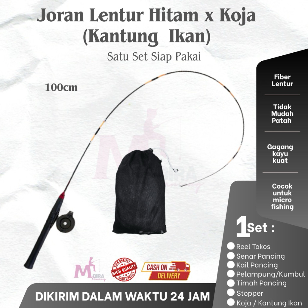 Joran Pancing Wader ( Hitam ) Fiber Super Lentur 100cm - Satu Set Komplit (Joran - Tokos )+ Kantung 