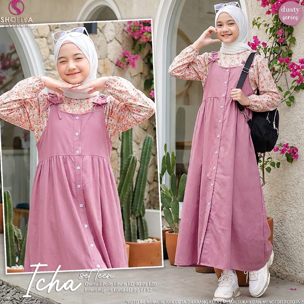 Icha | Kiky - Set Dress Gamis Overall dan Inner Motif Anak Remaja Perempuan by Shofiya