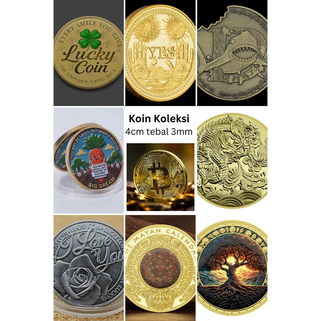 2026 Koin Koleksi Hadiah Keberuntungan Coin Crypto Bitcoin Lucky Coin 4 Leaf Clover Yes No Hiu Shark Tree Of Life The Mayan Calendar Big Dream Stay Spicy Dragon Naga Zodiac I Love You Souvenir Hadiah Kado Kata Positif Pajangan Emas Koleksi 4CM Tebal 3MM