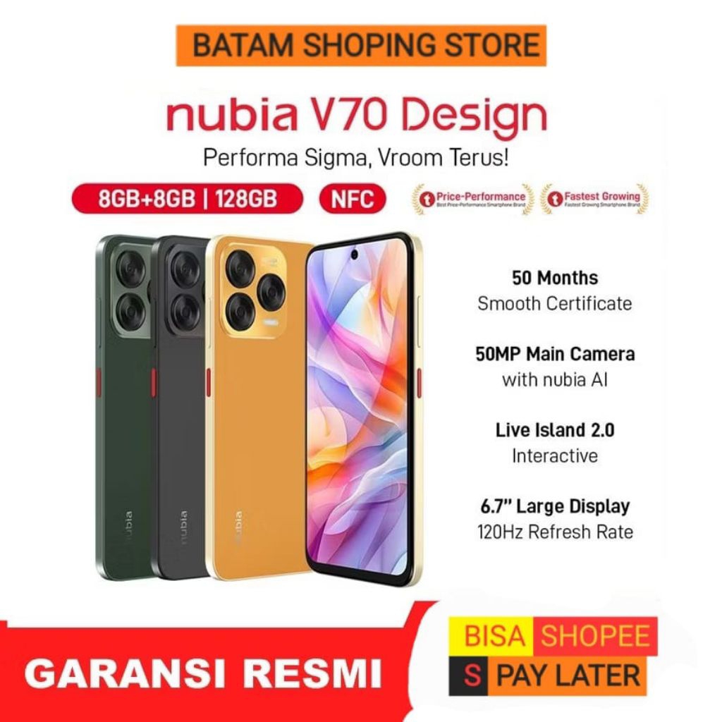 ZTE NUBIA V70 DESIGN RAM ( 8GB + 128GB ) FAST CHARGE 33W 5000 mAh GARANSI RESMI