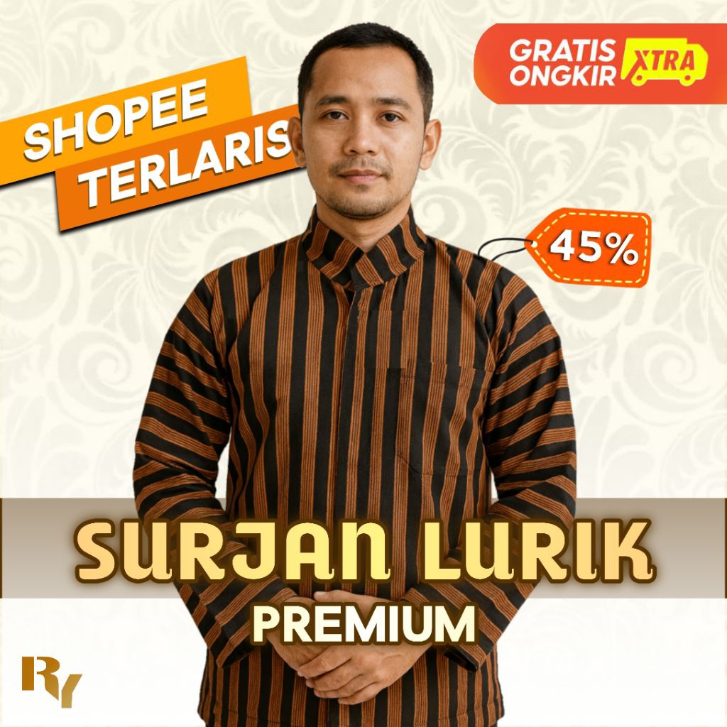Baju Adat Lurik Pria | Baju Adat Jawa | Surjan Lurik Pria Coklat Hitam | Lengan Panjang | Tersedia d