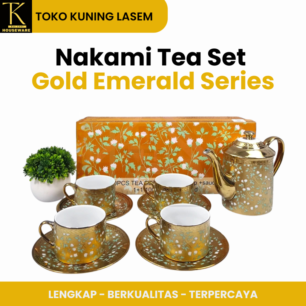 NAKAMI Tea Set 10pcs Cangkir Teko Lepek Keramik Motif Golden Emerald Series / Cangkir Lepek 4 pcs 1 