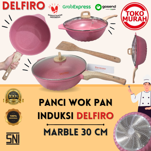 Wajan/Panci Induksi Wok Pan Marble DELFIRO 30 CM Pink Anti Lengket Bahan Tebal Tutup Kaca