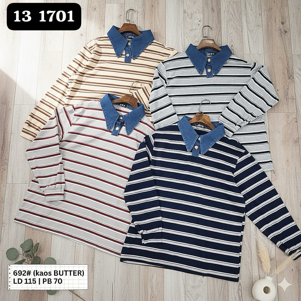 Kaos Wanita Stripe Collar Denim – Lengan Panjang Casual