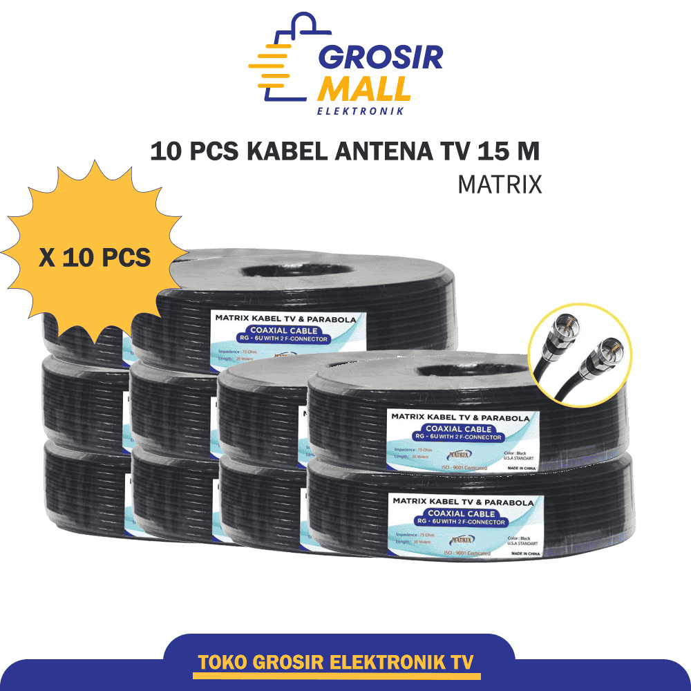 ( 10 PCS ) PAKET GROSIR KABEL COAXIAL RG6U MATRIX 15 M - JACK KONEKTOR F5 KABEL ANTENA TV / KABEL PA