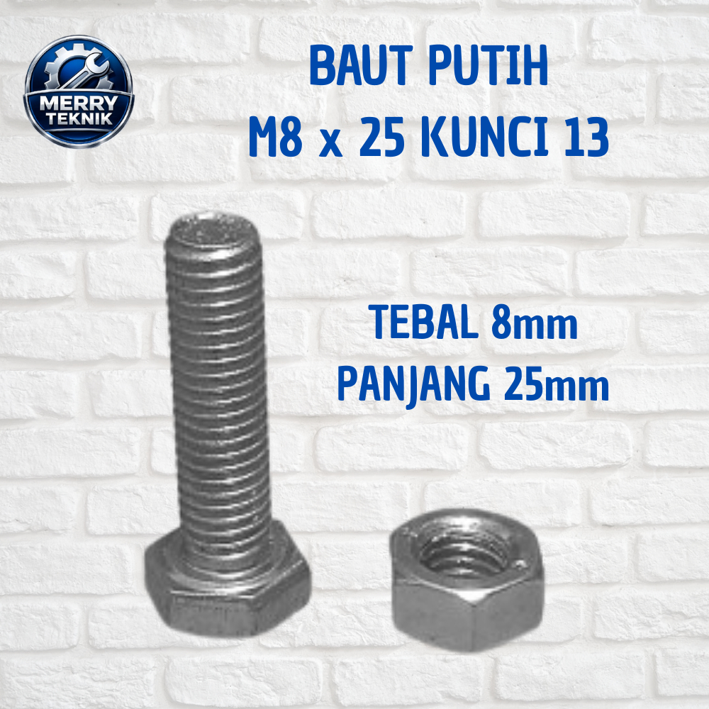 Baut Mur Hex Ukuran M8 x 25 Kunci 13
