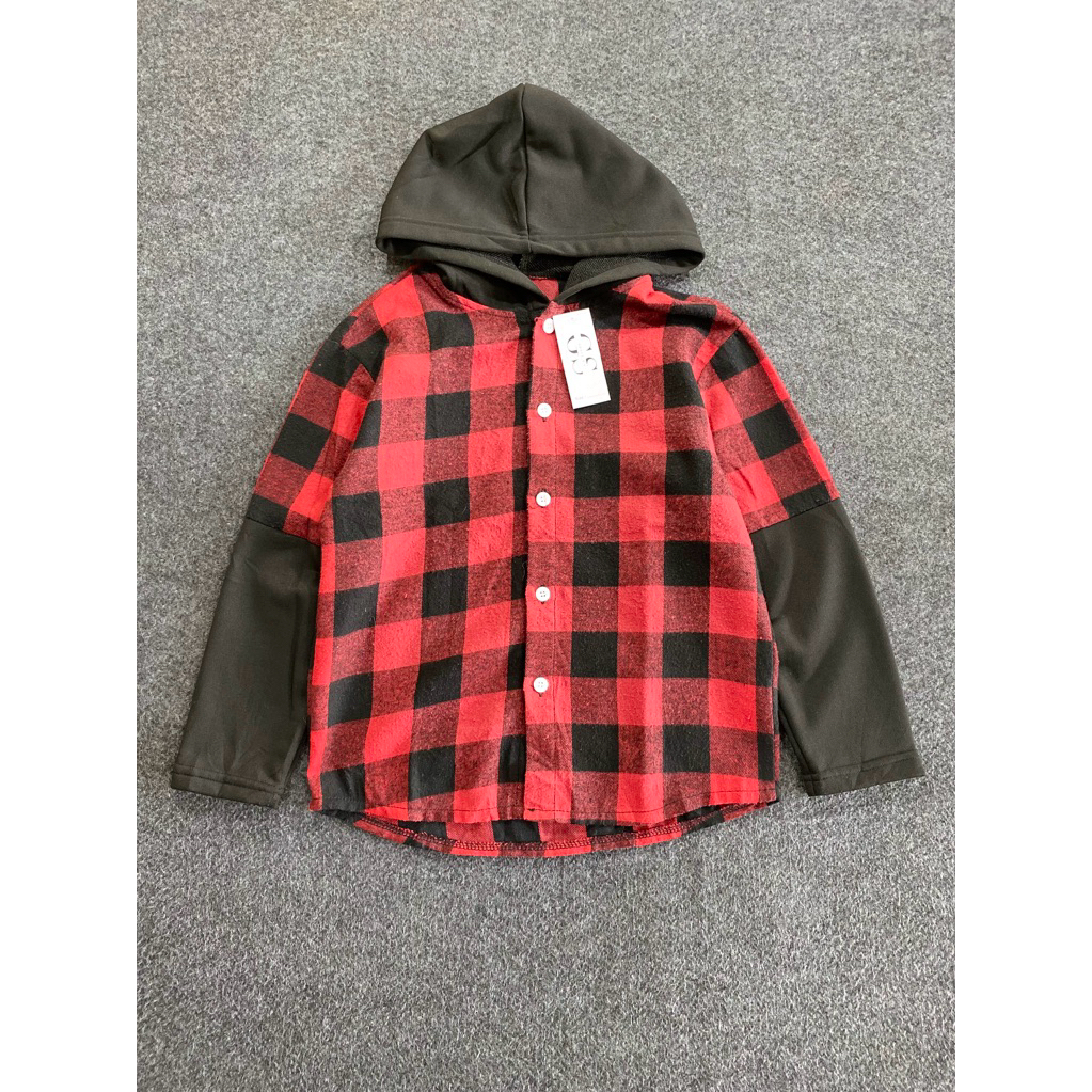 Kemeja Flanel Hoodie Second Pria/Wanita - Motif Kotak Merah Hitam Kombinasi Lengan - Kondisi Bagus