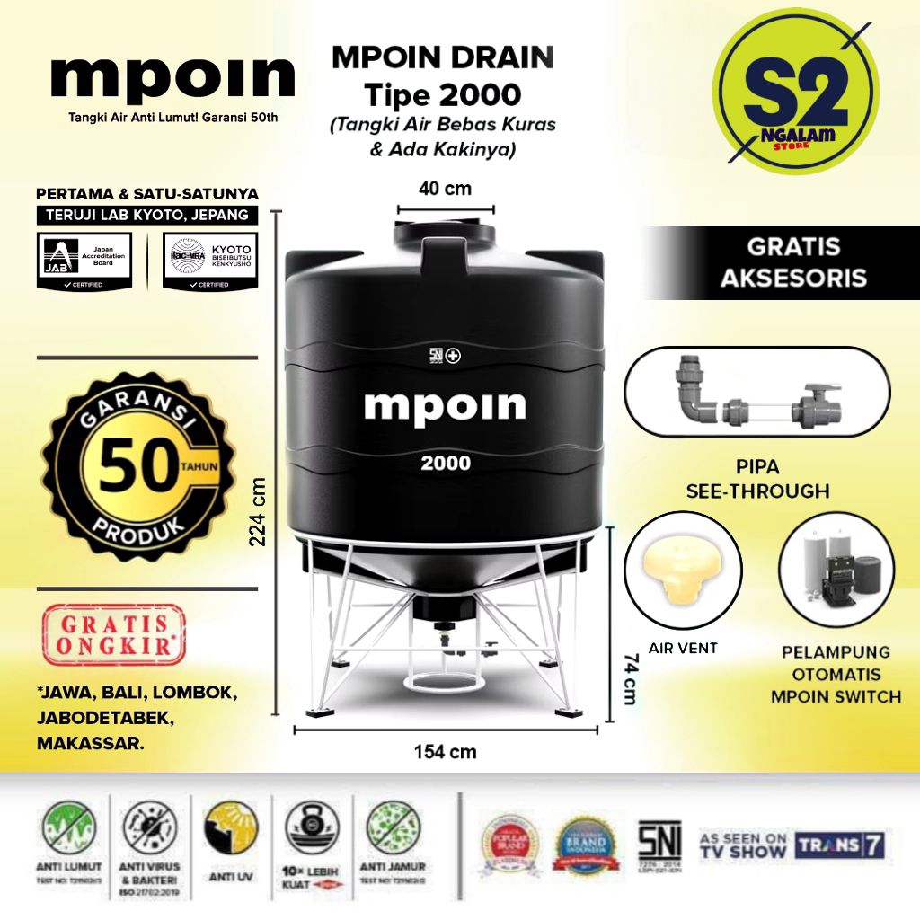 Tandon Toren Tangki Air Mpoin Drain 2000 Liter (Invoice)