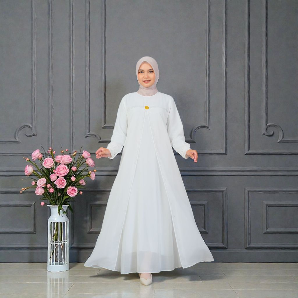Gamis Polos Putih Tulang Elfiraza | Ceruty Babydoll Premium | Elegan Mewah