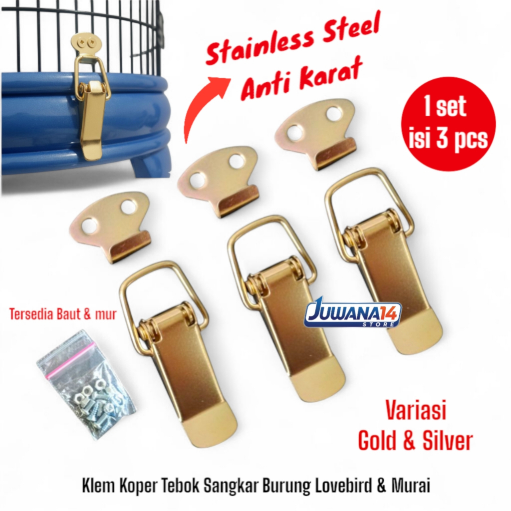 Klem Koper Tebok Sangkar Burung Lovebird & Murai Stainless Steel Anti Karat - 1 Set Isi 3 Pcs"