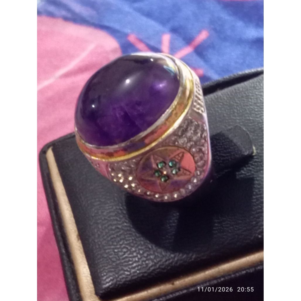 Cincin Mata Batu Natural Kecubung Wulung Bigsize Premium Ring Chrome Perak (Kolektor Item)