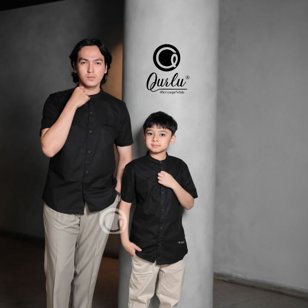 Qurlu - Kemeja Koko Dewasa/Anak warna HITAM (baju couple ayah dan anak laki-laki) Baju Koko Pria