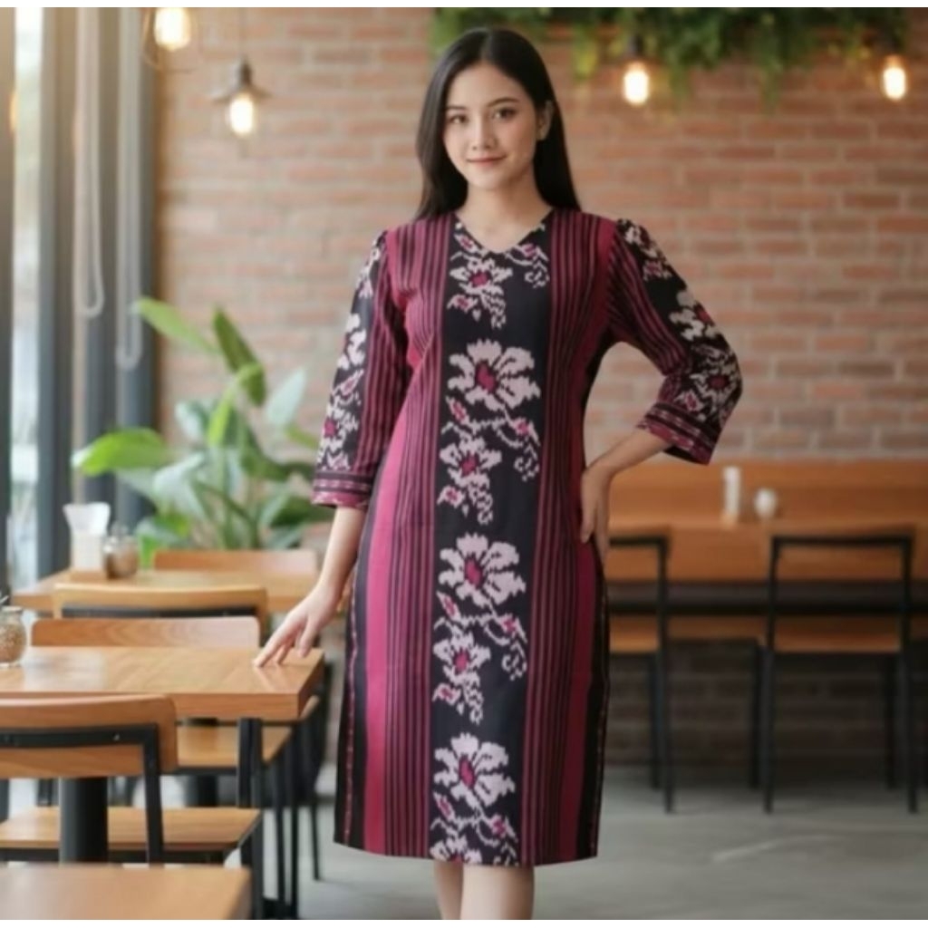 dress tenun motif etnik modern