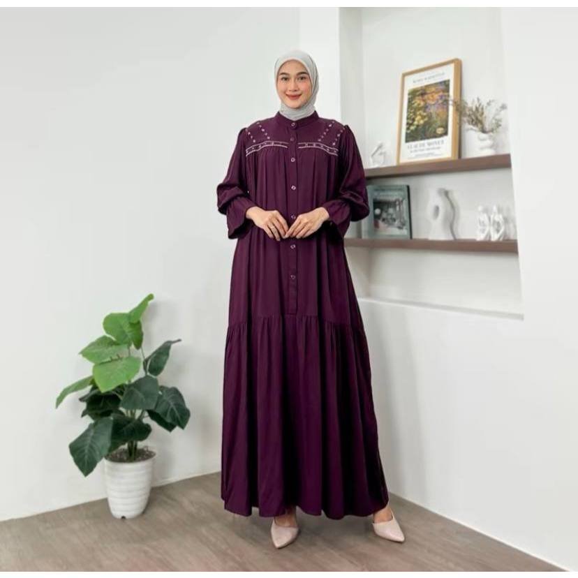 Alana Dress Gamis Rayon Twill Motif Bunga Bordir - Dress Maxi Wanita Terrbaru - Gamis Lebaran Bahan 