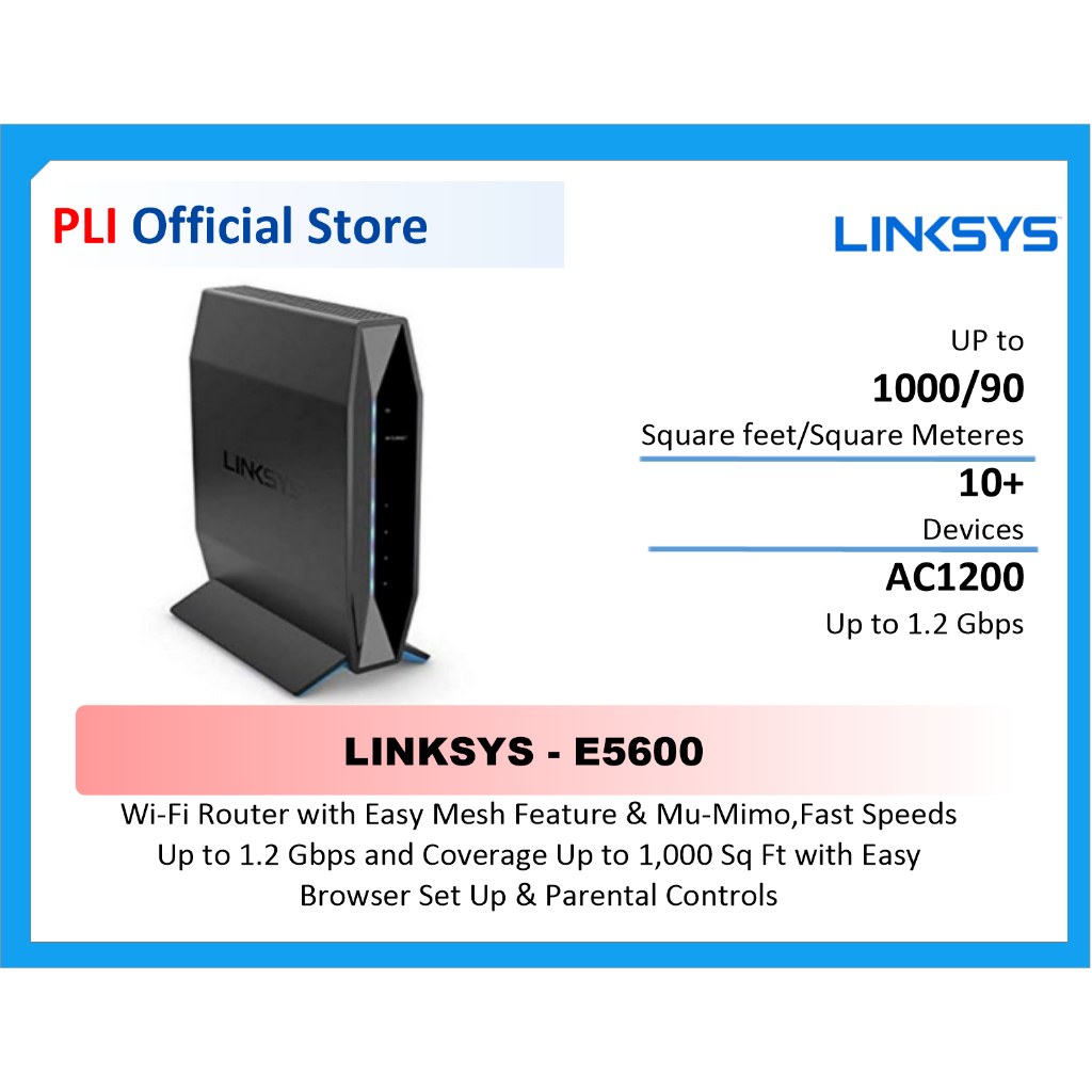 LINKSYS Router Easymesh AC1200 WiFi 5 Dual-Band 1.2 Gbps Jangkauan 1000 kaki Dual Internal Antena Be