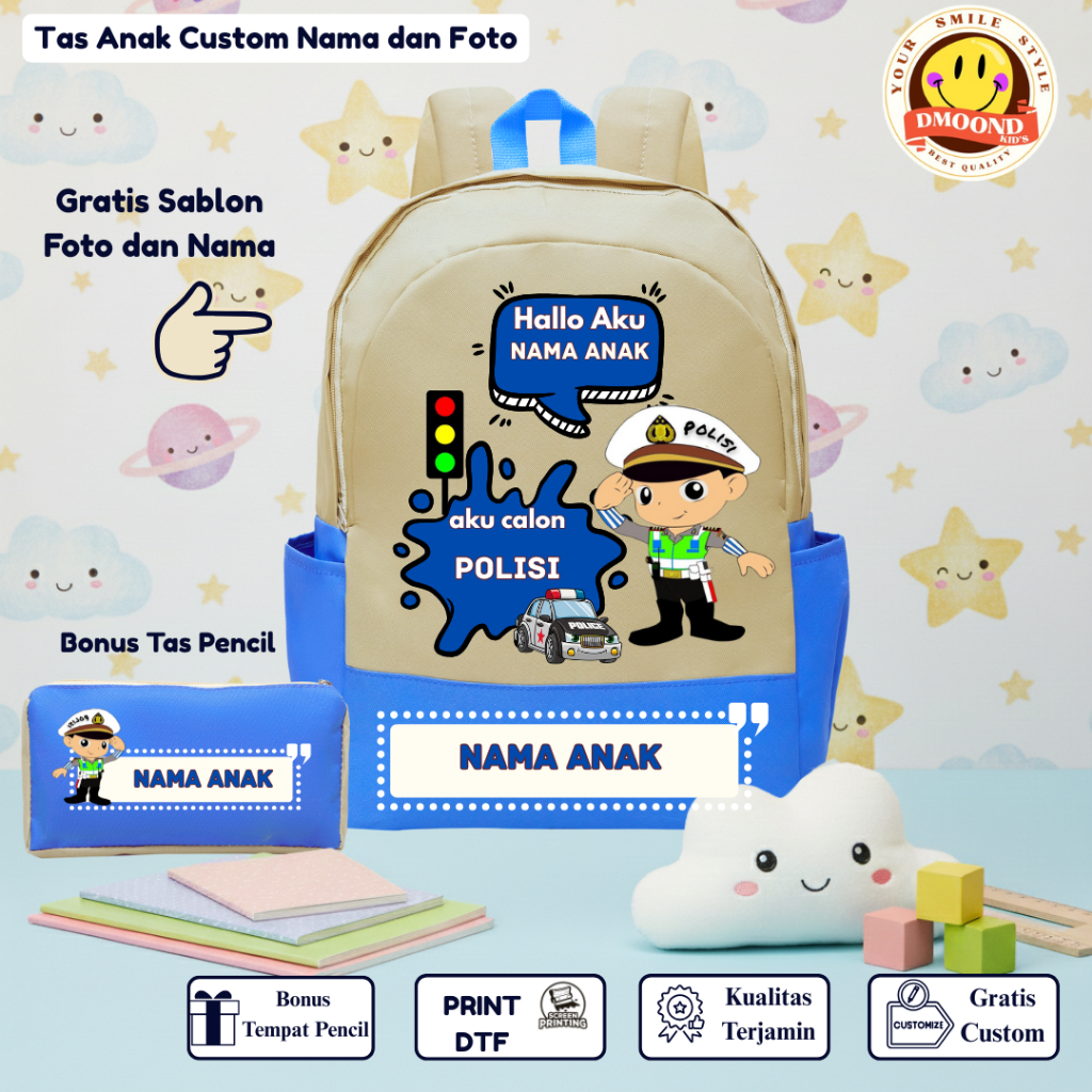 [GRATIS TEMPAT PENCIL] Tas Sekolah Anak TK/SD Cita-cita POLISI / Tas Backpack Anak Tk SD / Tas Ranse