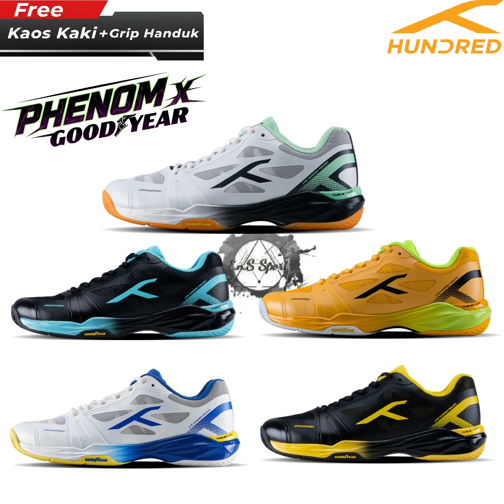 [NEW]Sepatu Badminton Hundred Phenom x Good Year Outsole Original Free Kaos Kaki+Grip - Hundred Phen