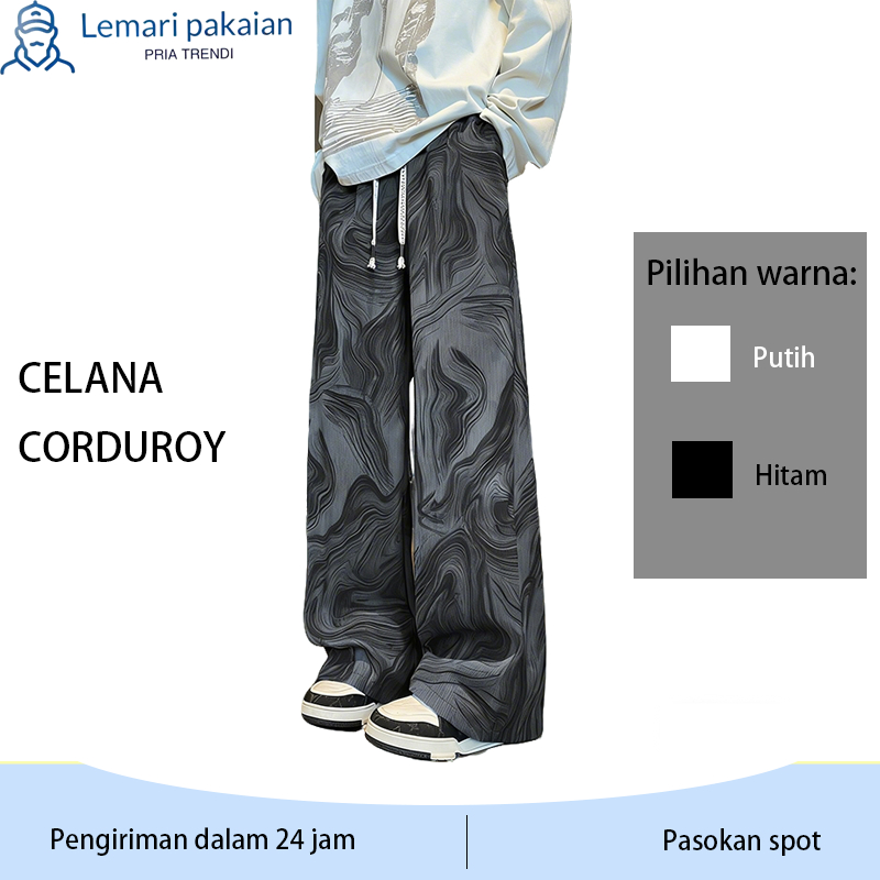 Celana panjang pria, celana kasual  pria, celana longgar, gaya retro trendi warna hitam
