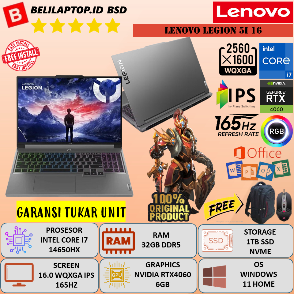 Laptop Lenovo Legion 5i 16 Core i7 14650HX Ram 32GB DDR5 1TB SSD 16.0''  WQXGA IPS 165HZ  RTX4060