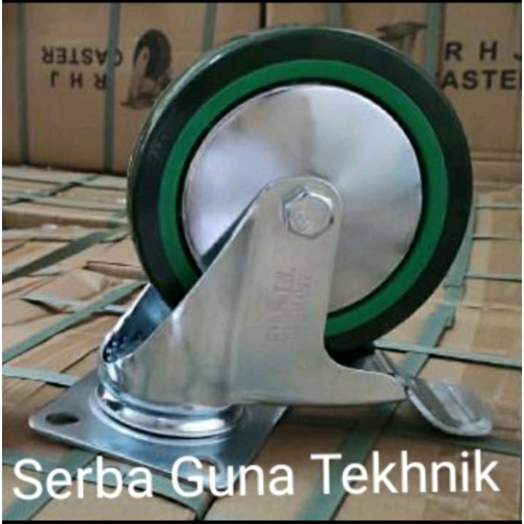 Roda PU Hijau RHJ TW 4" inch ( REM / Brake ) Medium Duty Caster