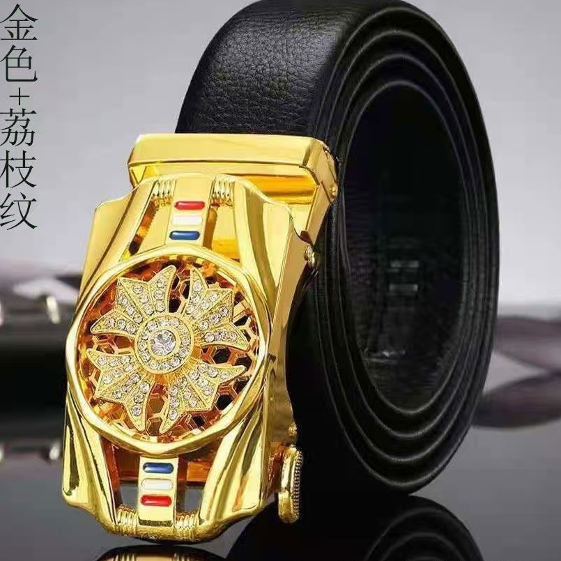 Sabuk kulit sapi asli bermotif leci untuk pria, gesper otomatis, gaya bisnis kelas atas, sabuk celan