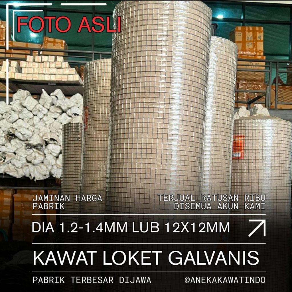Kawat Loket Galvanis Tebal 1.2mm - Lubangan 12x12mm - Ukuran 1x5m