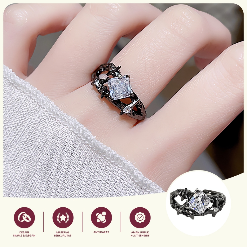 Cincin Wanita Hitam Batu Kristal Kotak Adjustable Desain Elegan Gothic Mewah