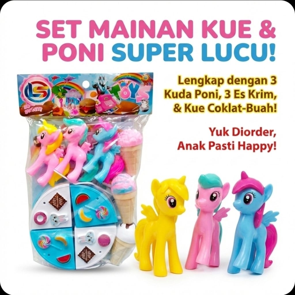 Mainan Anak Perempuan Set Kuda Poni Cantik dengan Kue Tart dan Es Krim Cone Lengkap  - kuda pony + k