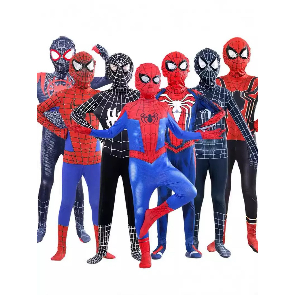 Kostum Spiderman Merah Hitam Baju Cosplay Superhero Anak Dan Dewasa + Topeng