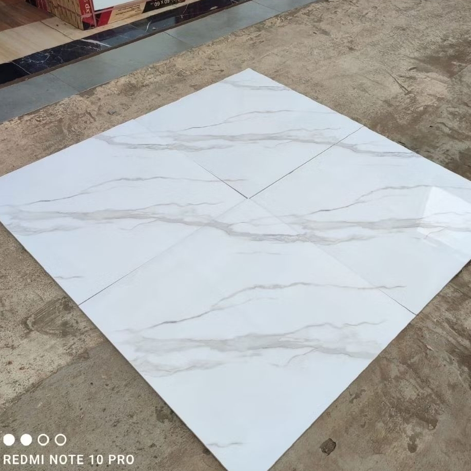 Granit Lantai 60x60 Carisha Kevino White Glass Polish Ubin Granite Motip Carrara Glossy Minimalis