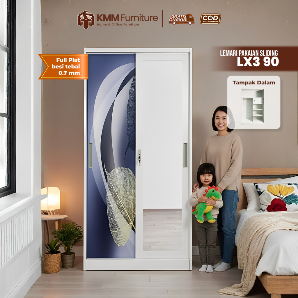 KMM FURNITURE Lemari Pakaian Besi/ Lemari Besi Sliding / Lemari Baju Besi Bufalo 2 Pintu 90cm