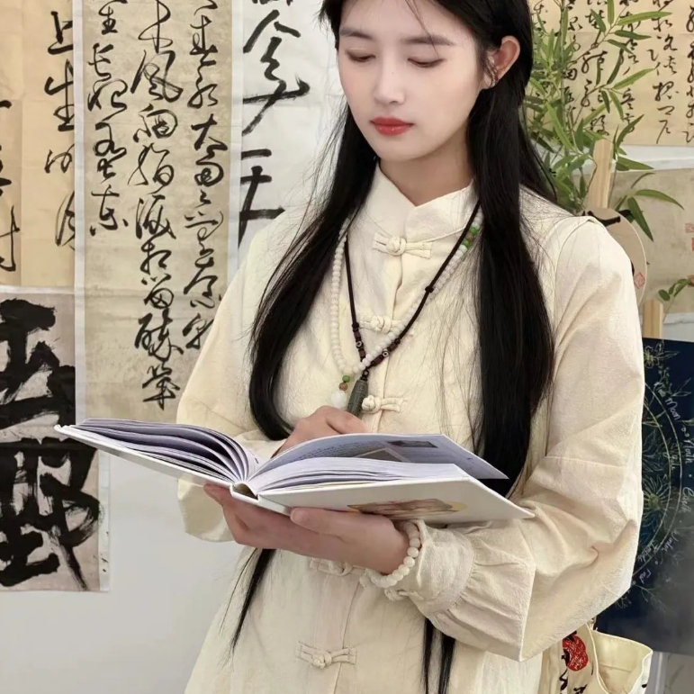 Set Baju Teh Zen Berkarakter Budaya Tiongkok  Kemeja Katun Rami Atasan Kancing Pipa Rok Sepanjang Pa