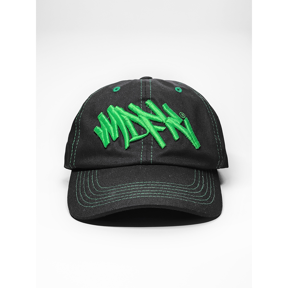 MDFK GREEN TAG LOGO CAP NEW / BLACK CAP GREEN THREAD