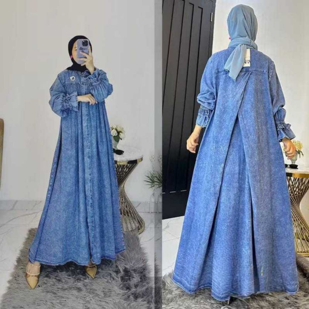 Gamis Wanita Jumbo Marshanda Denim dengan Bahan Tebal dan Lembut