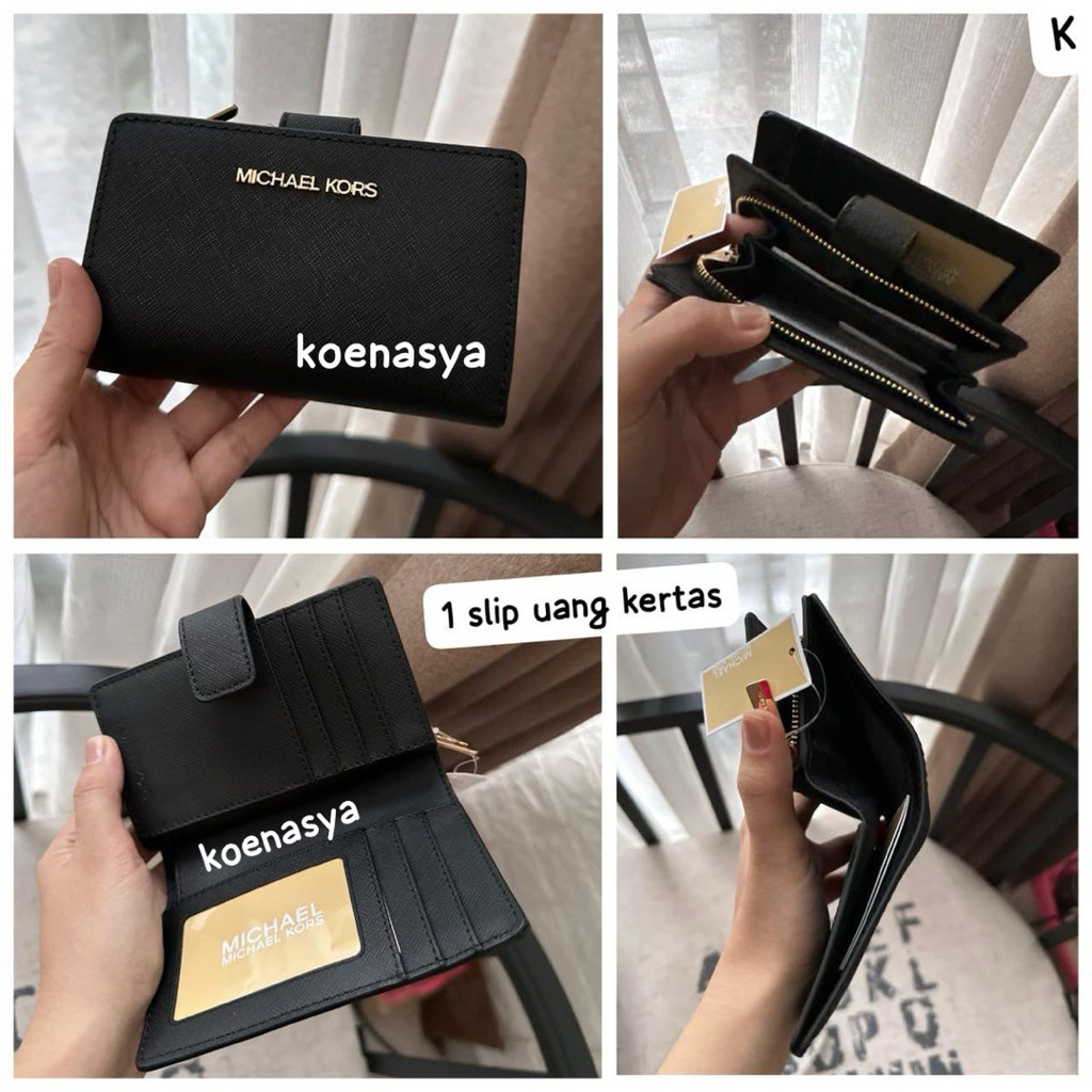 baru dompet wanita original mk jet set travel md bifold zip coin wallet black new (kurleb 13.5 x t 9