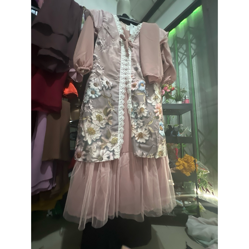 FREE HIJAB | GAMIS WARNA ANAK MOTIF BUNGA PERI HIJAB SEGI EMPAT | BAHAN CERUTI BABYDOLL