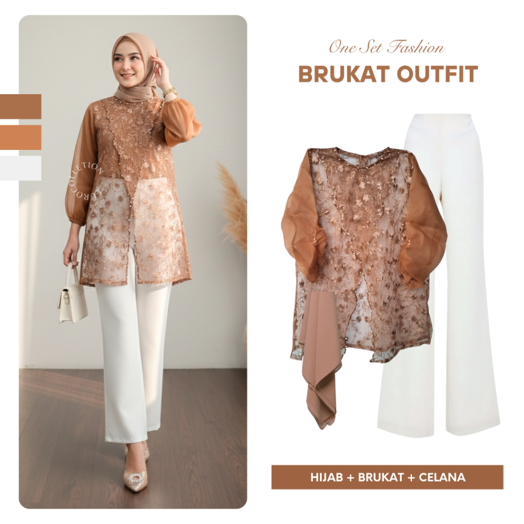 One Set Tunik Brukat Payet Terbaru Set Lengkap Hijab Murah (Atasan + Celana + Jilbab) Setelan Wanita
