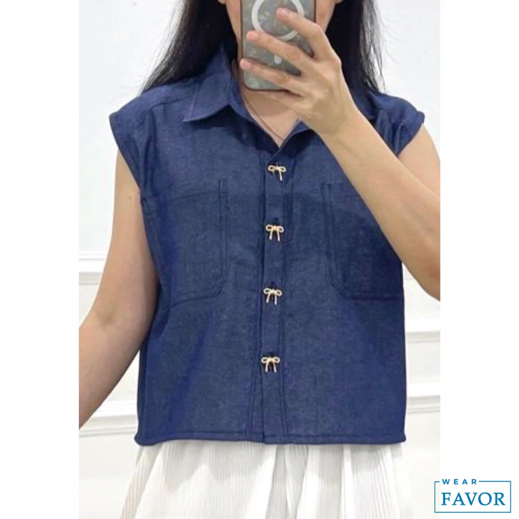 Top kancing pita FAVOR saku 2 atas fashion wanita import kekinian