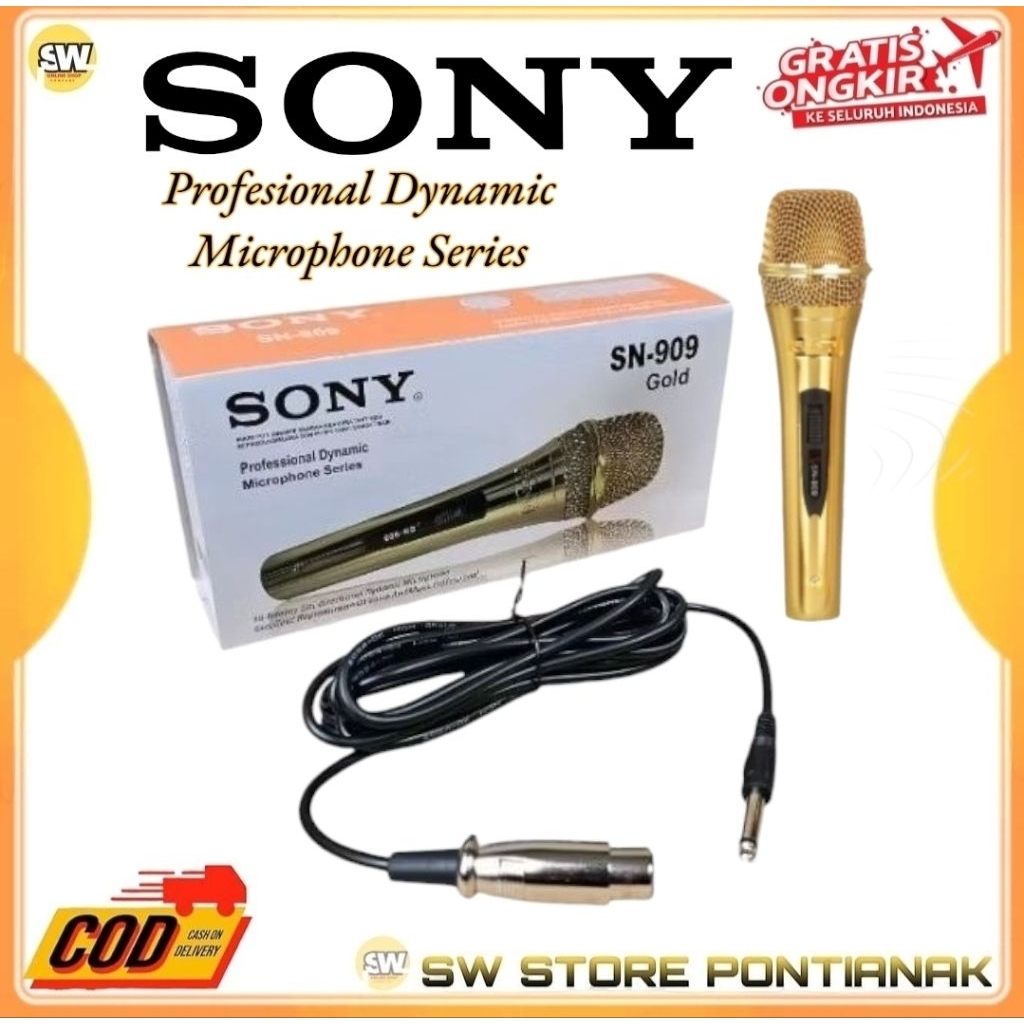 NEW MICROPHONE SONY SN-909 GOLD PROFESIONAL DYNAMIC MICROPHONE SERIES / MICROPHONE KARAOKE KABEL SON