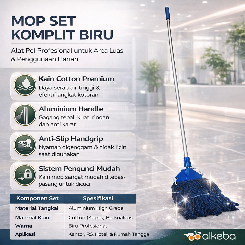 Mop Set Komplit Biru Alat Pel Lantai Profesional Gagang Aluminium - Pel Lantai Cotton Besar untuk Ka