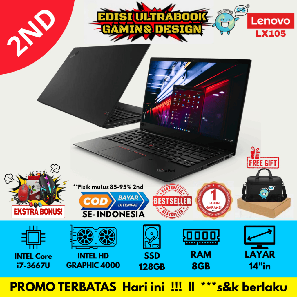 Lenovo ThinkPad X1 Carbon Gen 3 Core i7 RAM 8GB SSD 128GB Win 10 Pro | Spek Tinggi Harga Miring