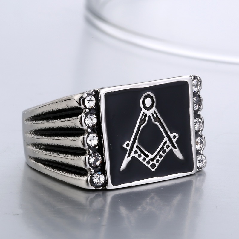 Cincin Simbol Masonic Beier Stainless Premium / Masonic CZ Signet Ring Stainless Steel Square Flat B