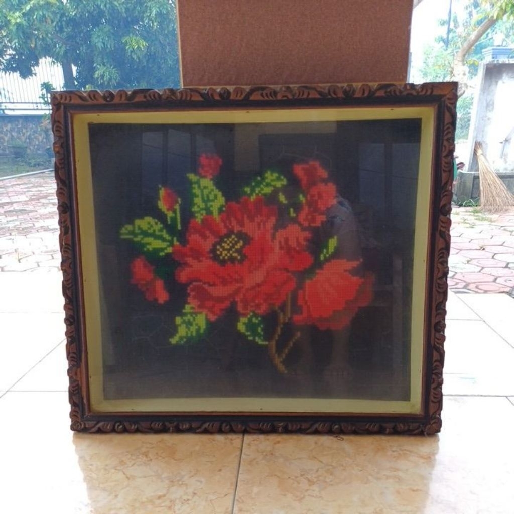 Lukisan Bunga Strimin Handmade + Bingkai | Hiasan Dinding Klasik