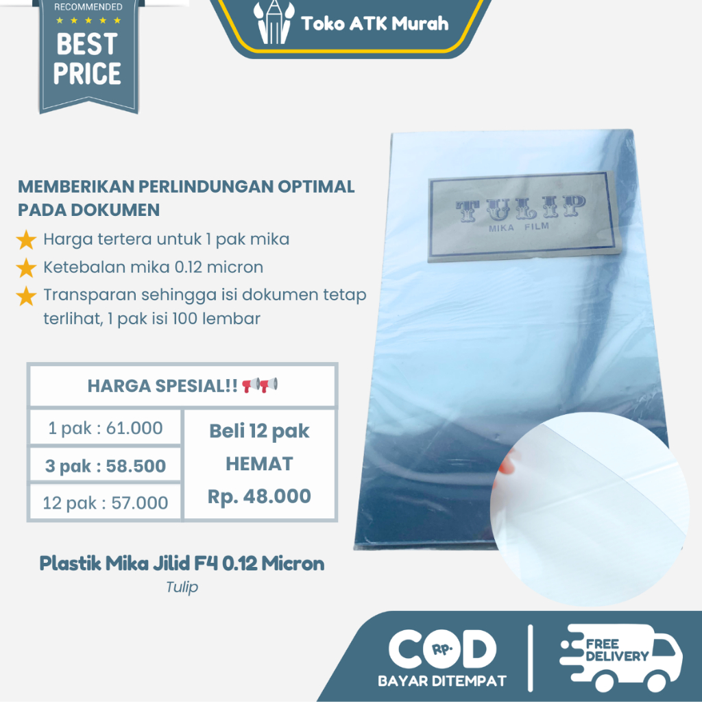 Mika Jilid Bening F4 Tulip Tebal 0.12 Micron Isi 100 Lembar Plastik Cover Jilid Folio Buku